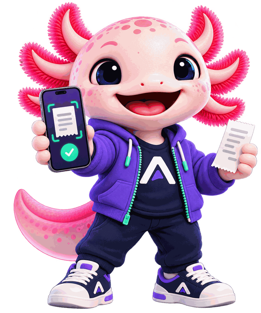 Mascote do Organizei: um axolote rosa de moletom roxo segurando um celular que mostra um comprovante lido e, na outra mao, um recibo